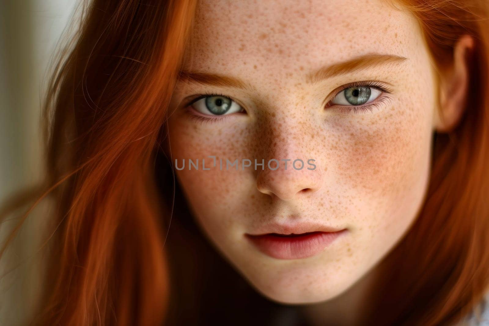 Captivating close-up portrait of a redhead girl with freckles, showcasing her unique beauty.