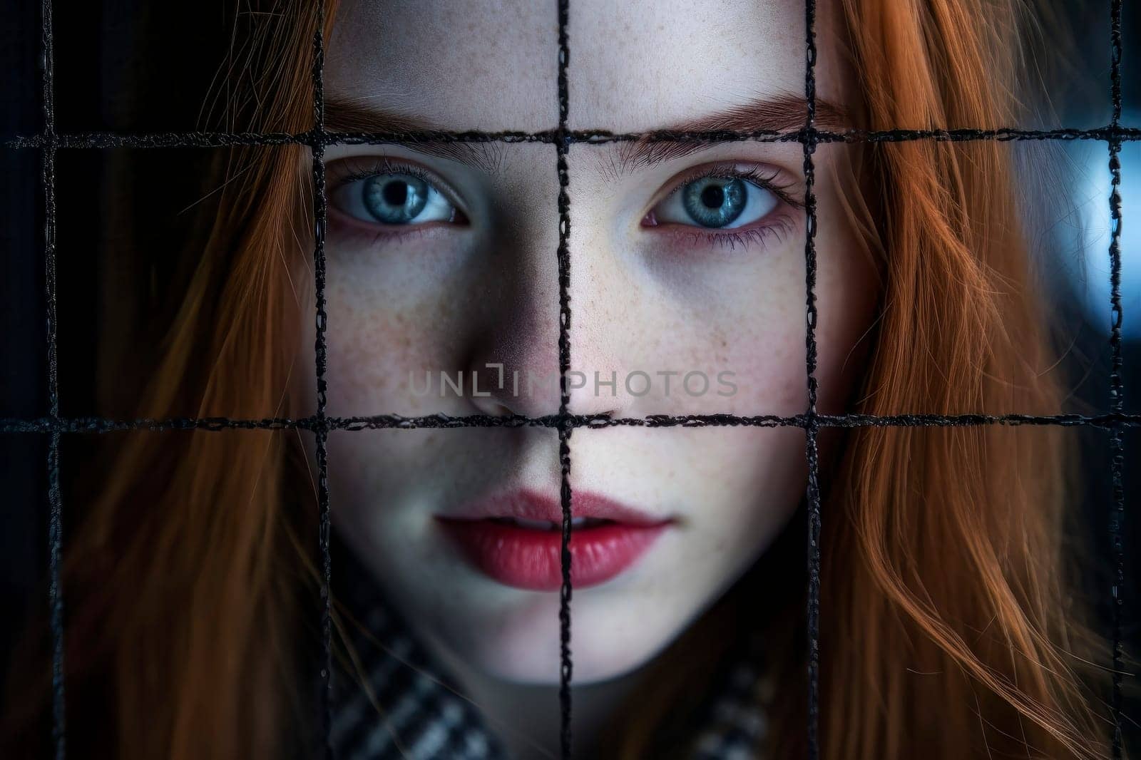 A captivating photograph of a girl staring intensely into the camera from behind a mesh, reflecting her longing for freedom