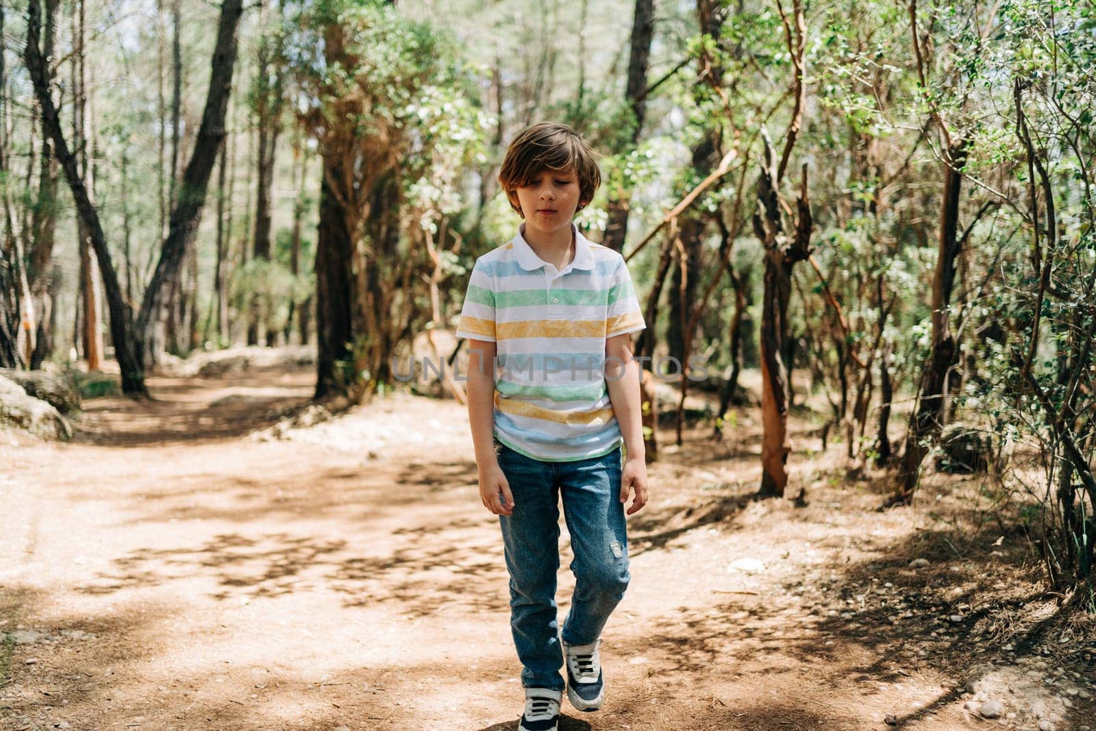 Tourist school boy kid child in a casual clothing walking in the summer greenwood leaf forest with rocky boulders stones all around the place. by Ostanina
