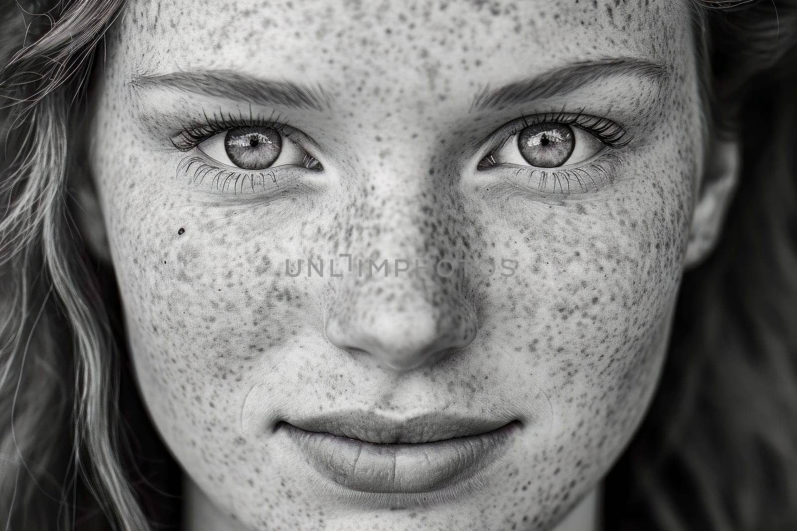 Freckled Beauty: Close-Up Portrait of a Girl in Black and White by pippocarlot