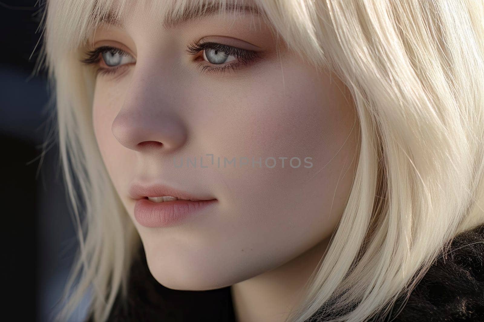 A striking close-up portrait of a captivating platinum blonde girl, radiating elegance and beauty.