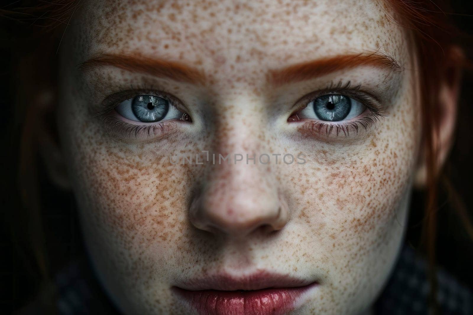 Captivating close-up portrait of a redhead girl with freckles, showcasing her unique beauty.