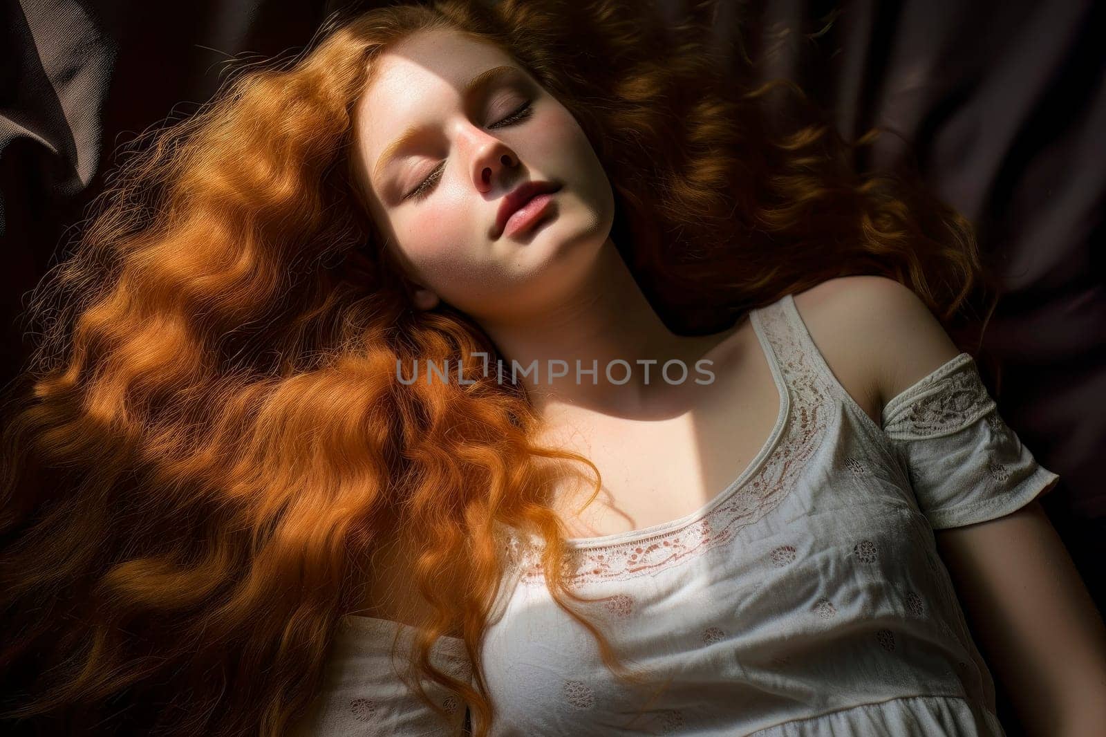 A captivating portrait of a young redhead girl in a peaceful slumber, radiating innocence and tranquility