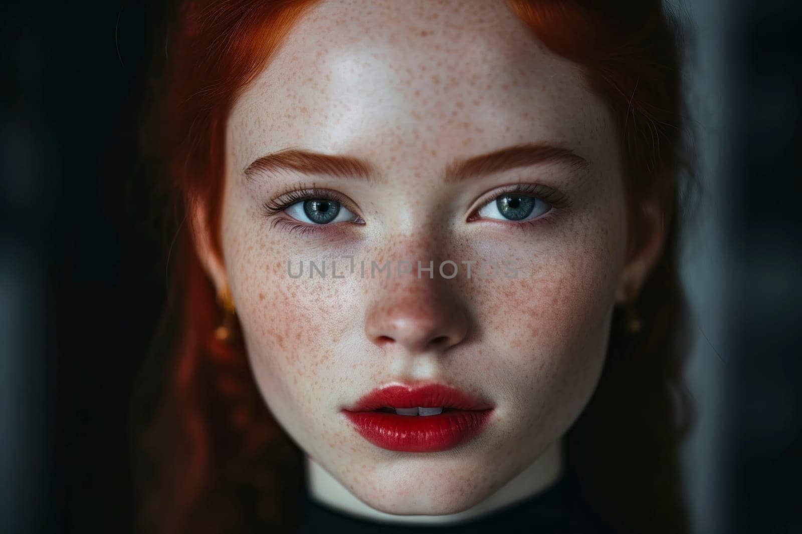 Captivating close-up portrait of a redhead girl with freckles, showcasing her unique beauty.