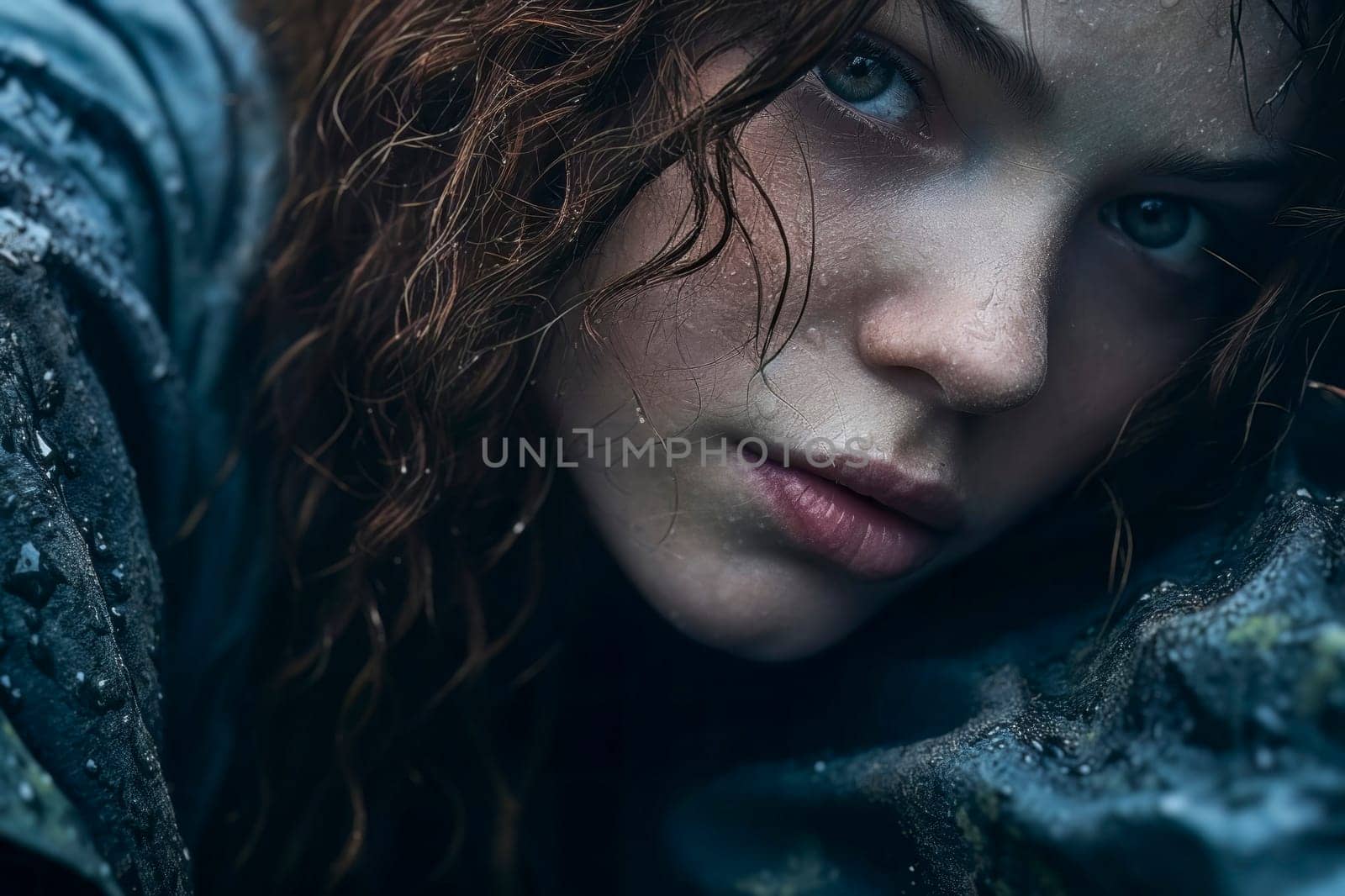 This captivating close-up portrait features a sad girl with closed eyes and an intense gaze, representing the symbol of burnout.