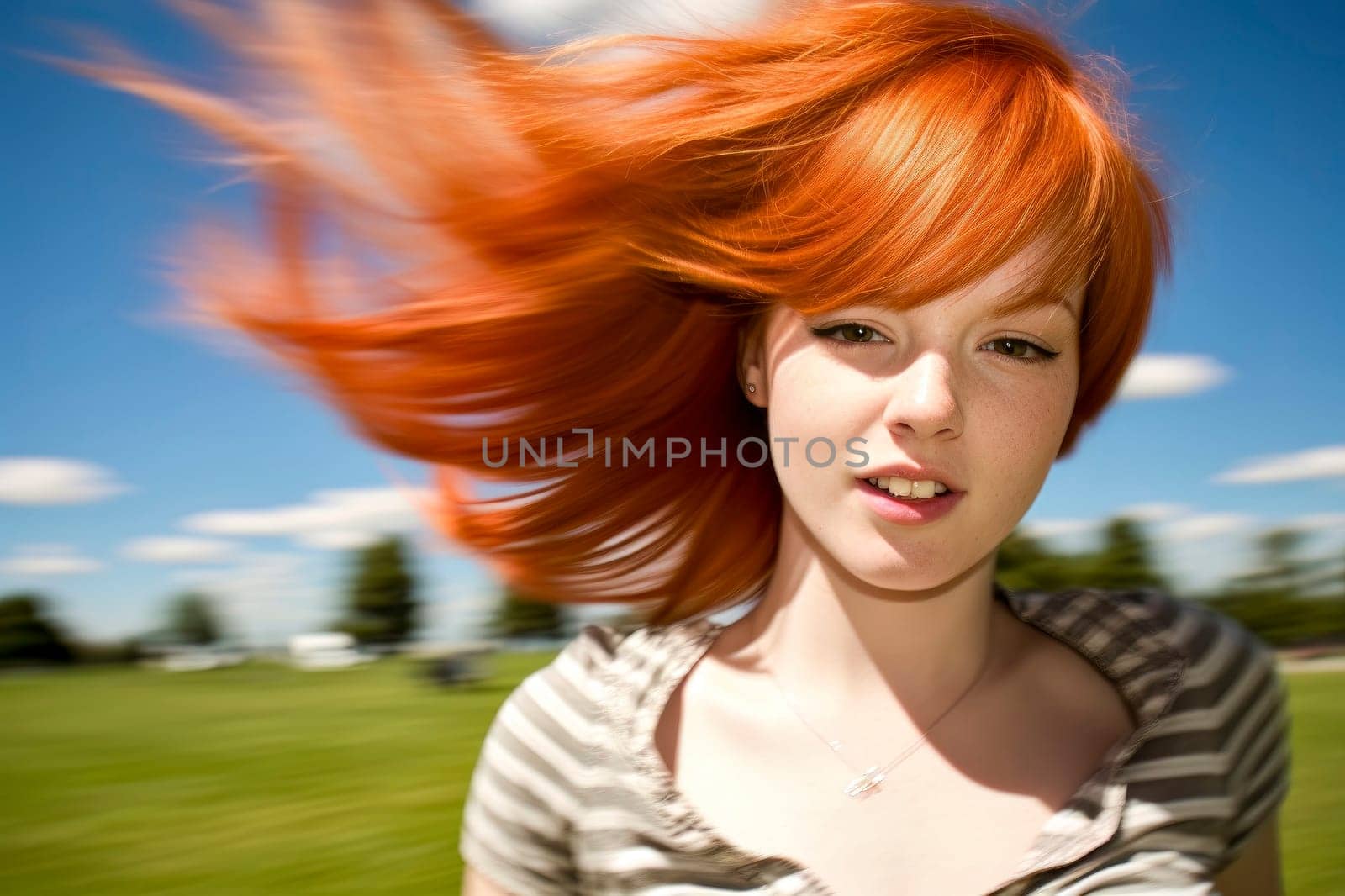 This captivating close-up portrait depicts an exhausted redhead girl with closed eyes, embodying the symbol of burnout, as her hair flows gracefully