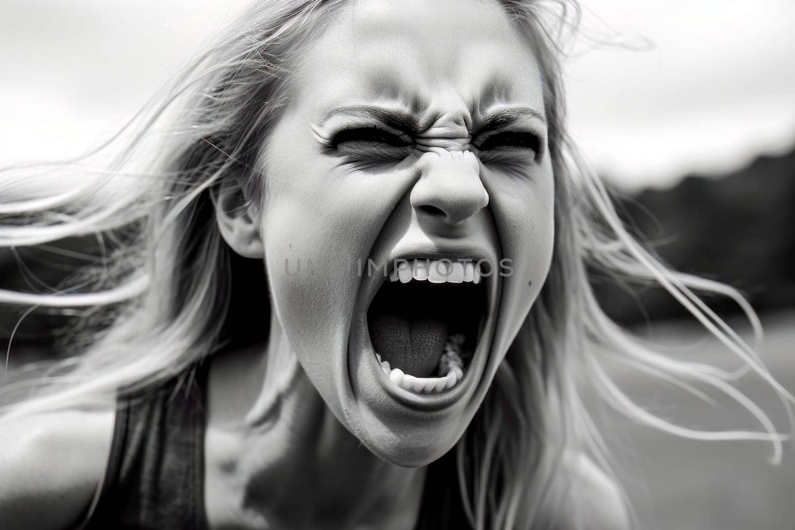 This powerful image captures an exhausted girl with closed eyes, a symbol of burnout, as she screams in anger