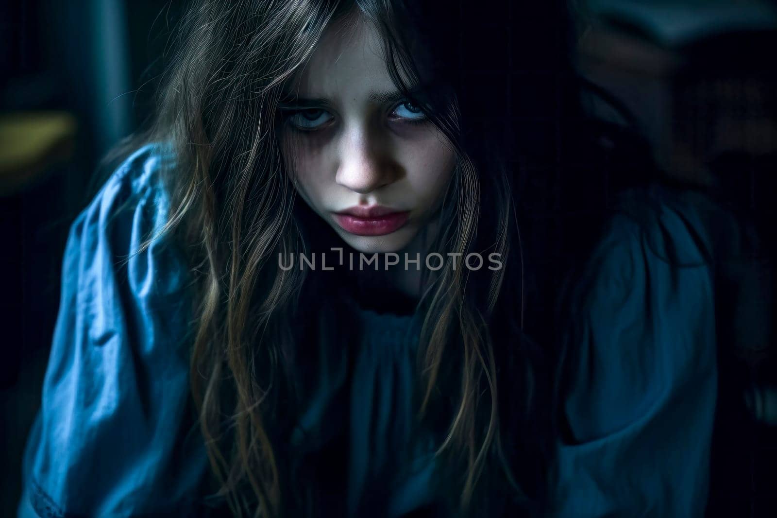 Captivating Close-Up Portrait of a Sad Girl with Intense Gaze: Symbol of Burnout by pippocarlot