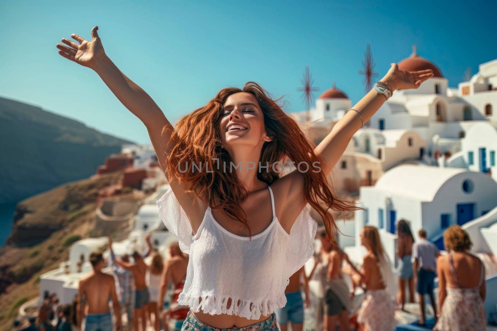 Euphoric Summer Woman Dancing Freely with Arms Up: Happy Vacation in Greece by pippocarlot