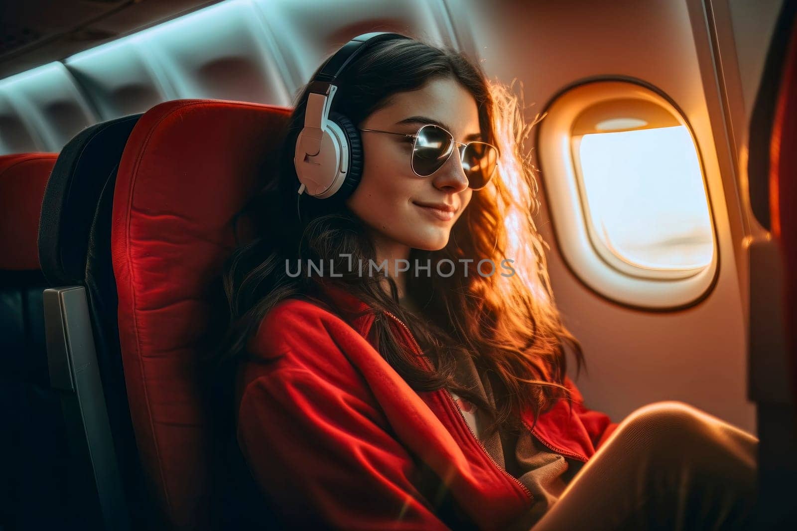 Experience the joy of travel and music with this image of a happy girl wearing headphones on an airplane