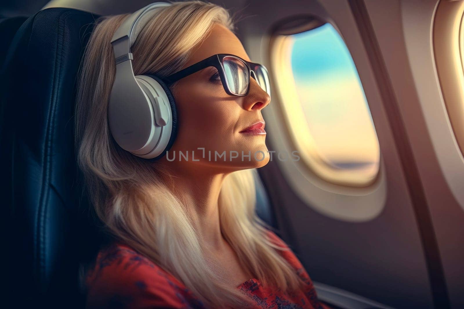 Capture the tranquility of travel and music with this image of a relaxed girl enjoying her journey on an airplane.