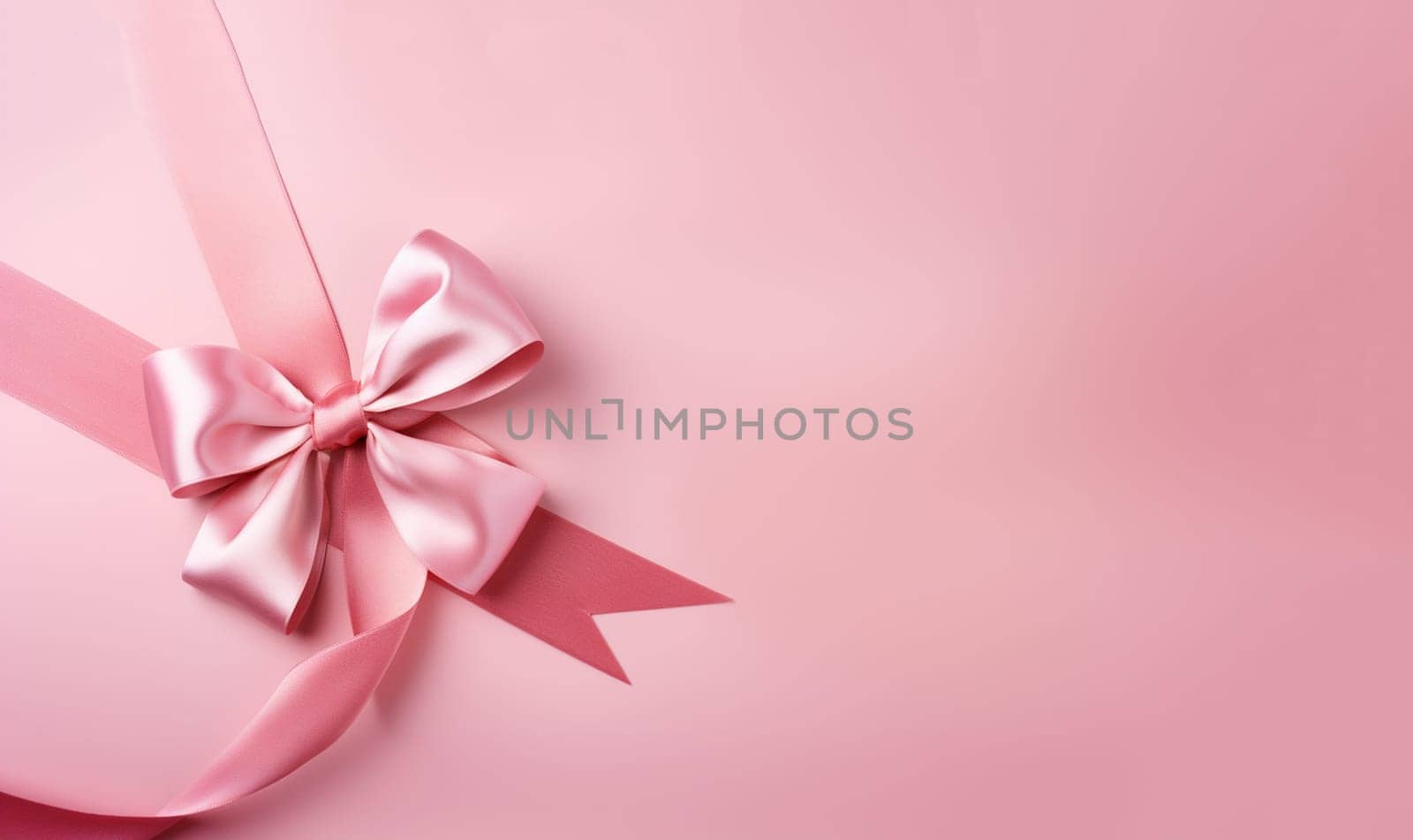 Pink ribbon with bow isolated on pastel pink background, simple double tied bow and horizontal ribbon for decoration gift box or greeting card or voucher banner, flat lay close up top view copy space by Annebel146
