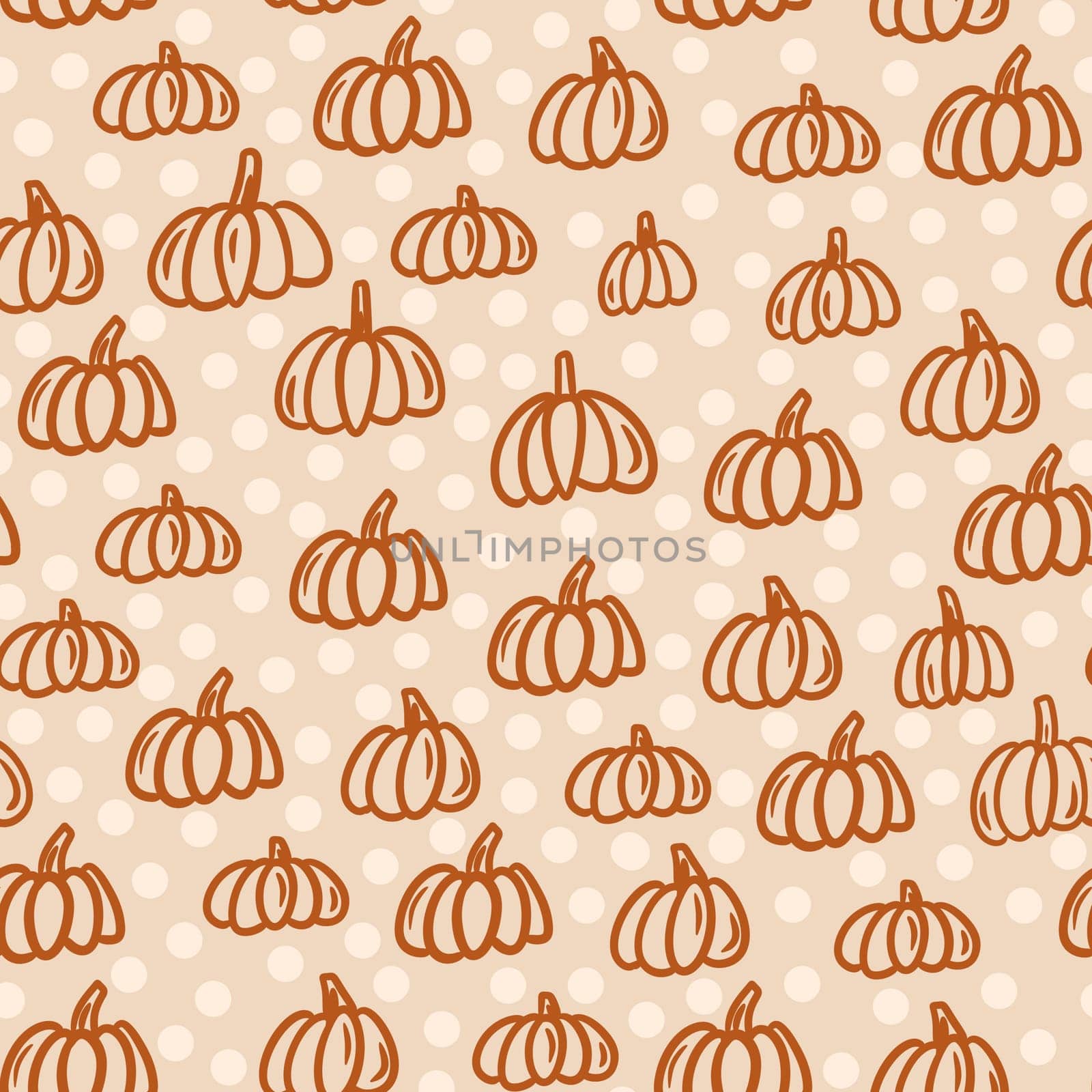 seamless hand drawn pattern beige brown polka dot background ripe organic pumpkin squashes. For halloween thanksgiving design paper textile harvest celebration fall autumn season cute nursery. by Lagmar
