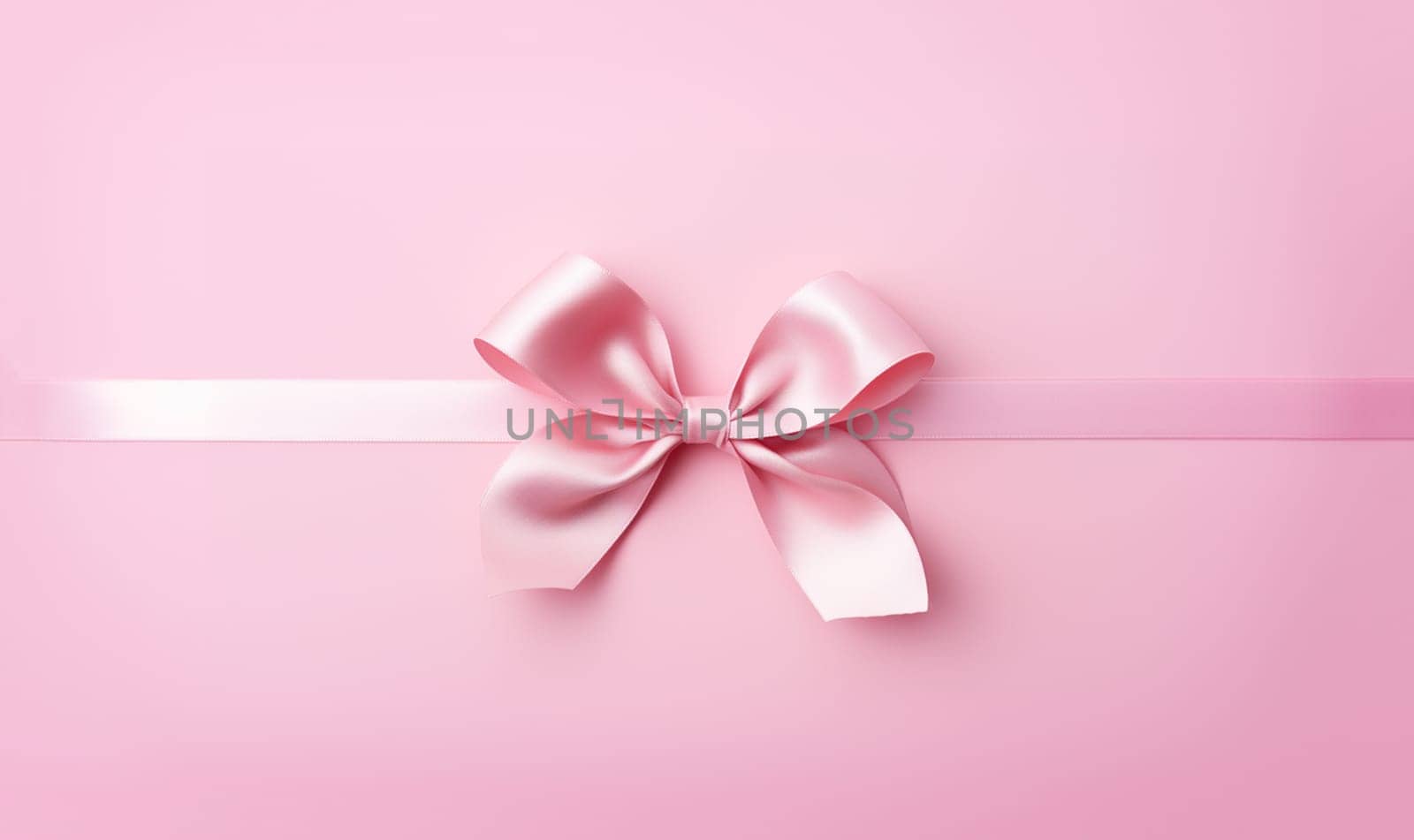 Pink ribbon with bow isolated on pastel pink background, simple double tied bow and horizontal ribbon for decoration gift box or greeting card or voucher banner, flat lay close up top view copy space by Annebel146