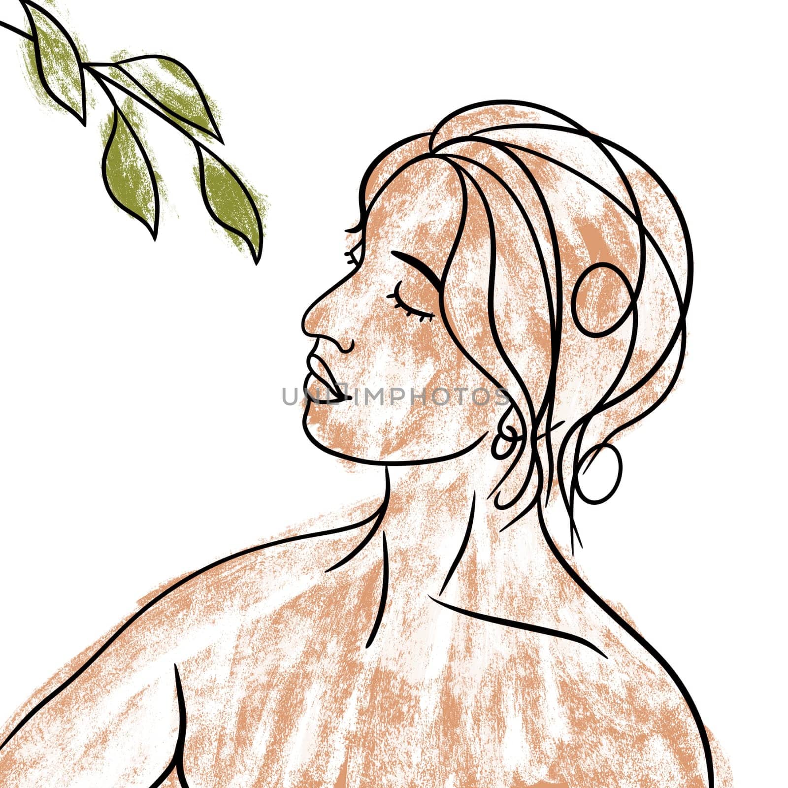 Hand drawn illustration of young woman line art with green branch leaves. Self-care self-love meditation calmness concept, girl with beige texture black lines, attractive beauty adult. by Lagmar