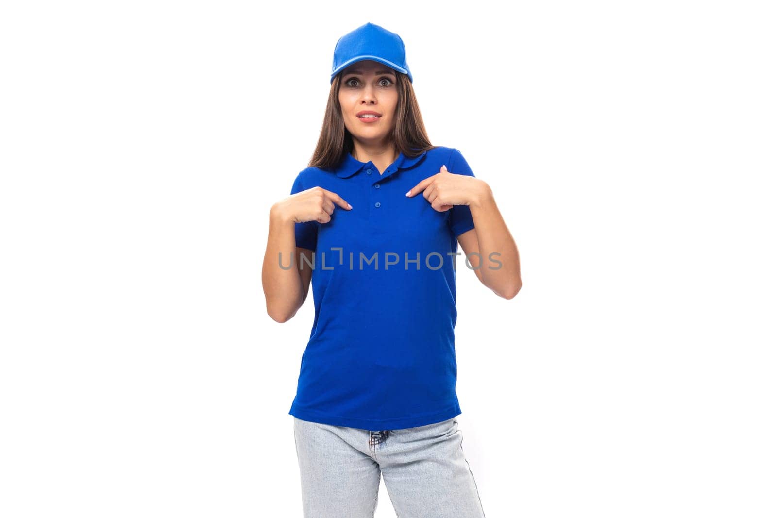 surprised young woman in blue cotton t-shirt and cap with space for print.