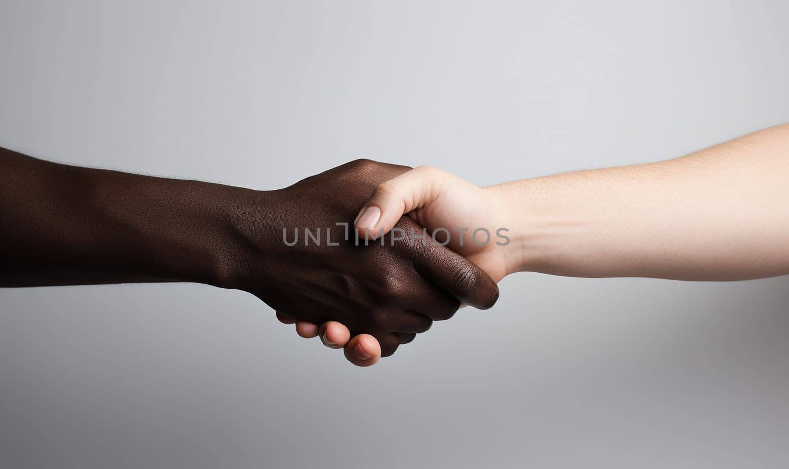 Black skinned and white skinned shaking hands.Handshake between African American man and Caucasian woman pose over gray background, greet each other, demonstrate international relationship. Close up shot. Shaking hands copy space by Annebel146