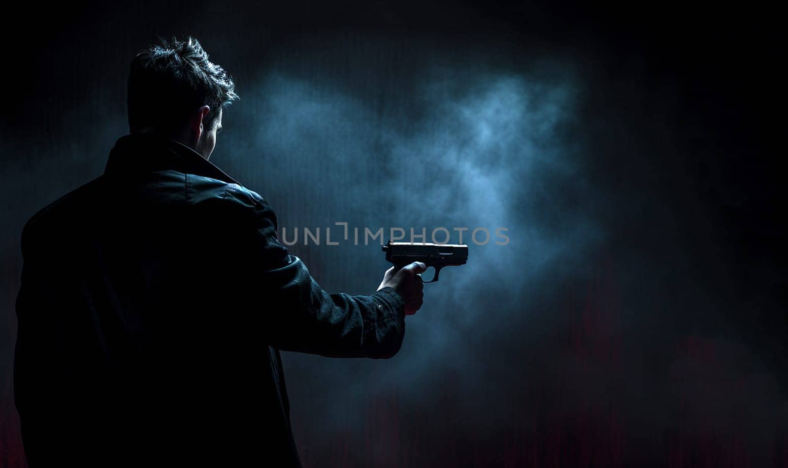 Killer with gun in the dark shadow.Cool aggressive man pointing a gun ,dark black background and copy space Criminal space for text
