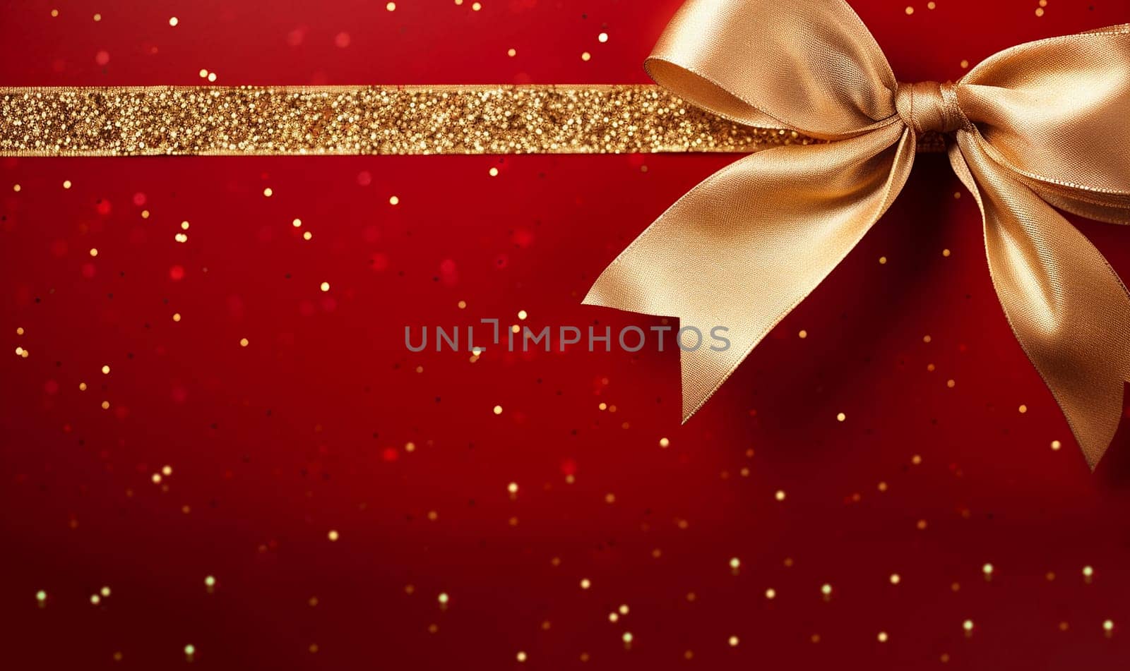 Shiny gold bow and ribbon on Christmas red background, Christmas gift,present,greeting card,holiday concept top view Merry Christmas