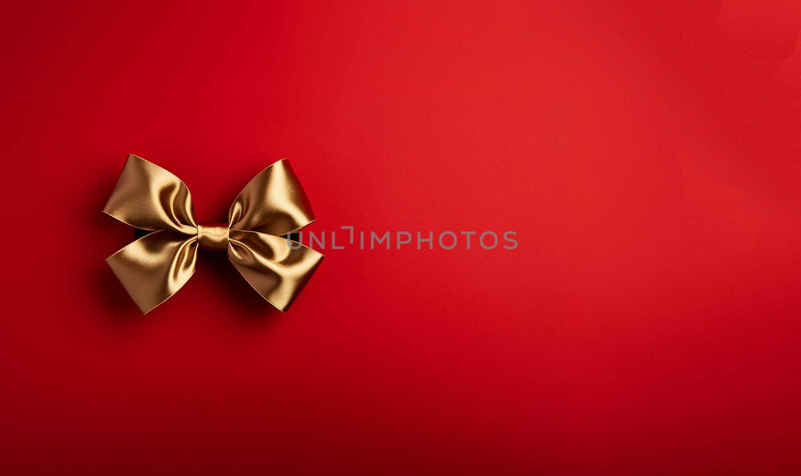 Shiny gold bow and ribbon on Christmas red background, Christmas gift,present,greeting card,holiday concept top view Merry Christmas