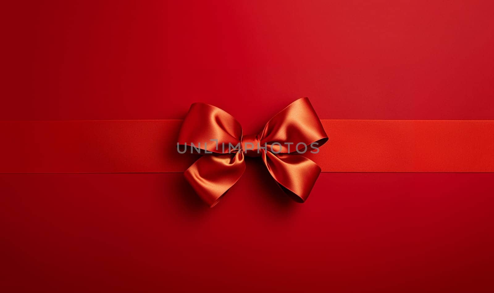 Shiny red satin ribbon and bow on Christmas red background top view, Holiday, Valentine, Merry Christmas concept greeting card space for text