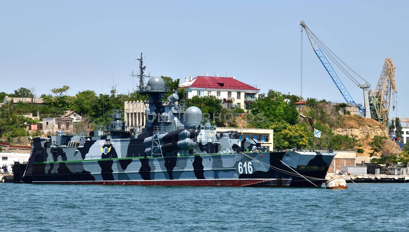 Sevastopol, Crimea - July 3, 2019. Samum is Russian small hovercraft missile ship as part of 41st brigade of missile boats of a Crimean naval base of Black Sea Fleet.