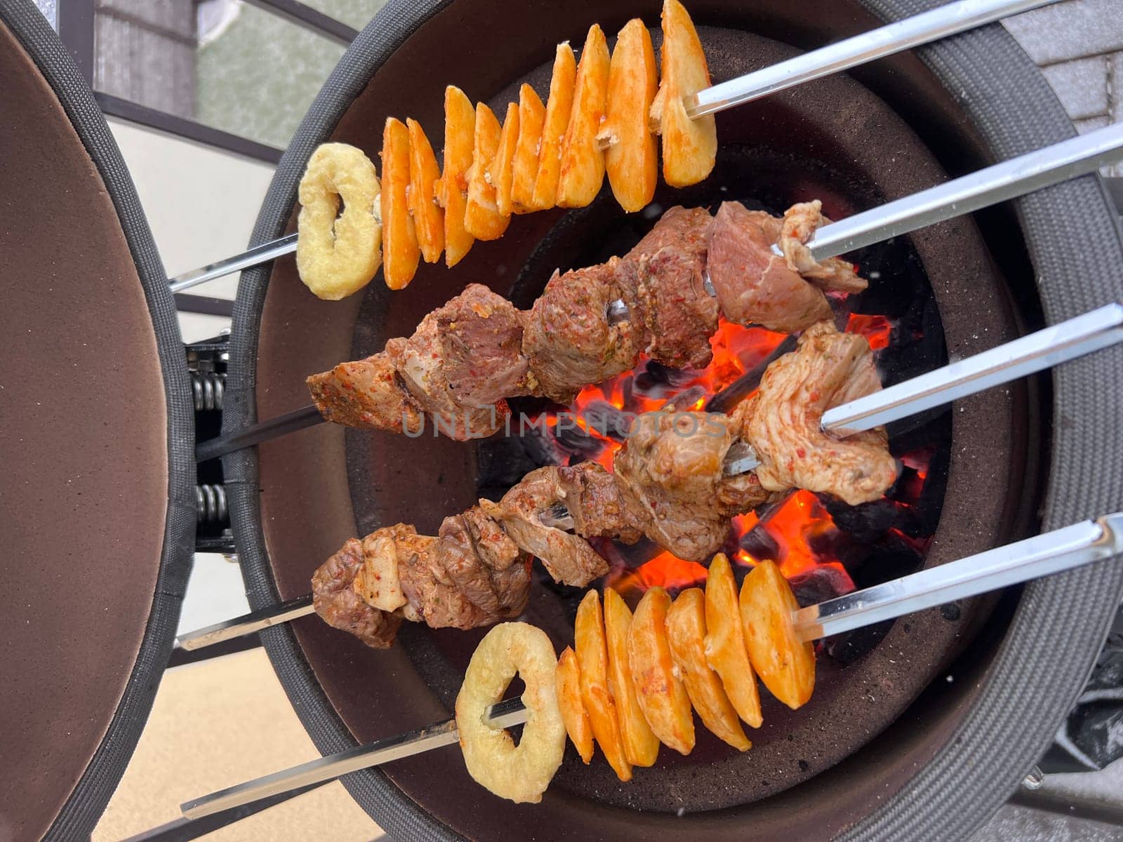 Egg grill cooking at home meat and corn meat bbq homemade. High quality photo