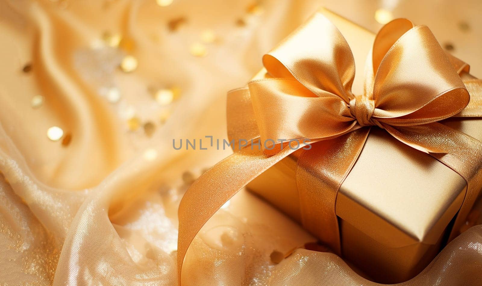 Golden sparkling gitbox with beautiful bow. Celebrating Christmas or New Years other holiday concept. Flat lay, top view copy space bokeh sparkling festive background space for text