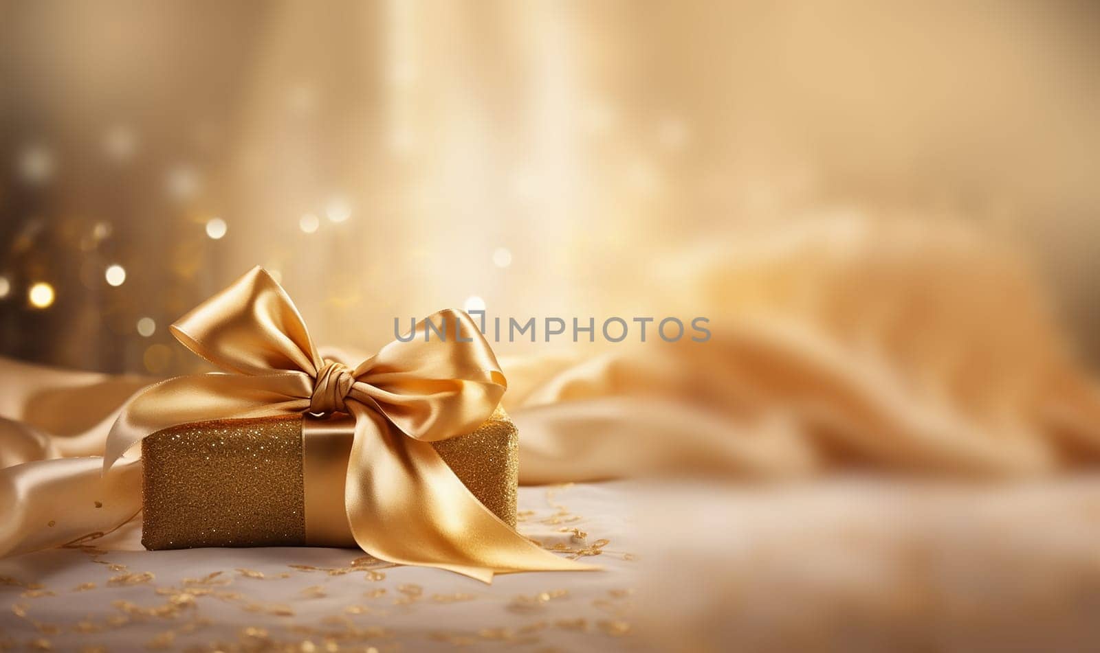 Golden sparkling gitbox with beautiful bow. Celebrating Christmas or New Years other holiday concept. Flat lay, top view copy space bokeh sparkling festive background space for text
