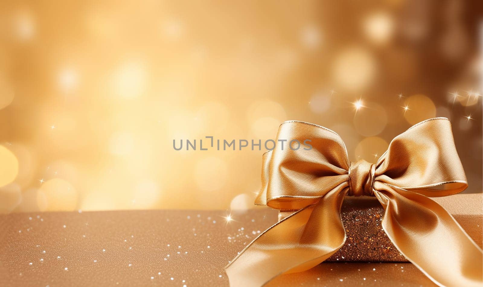 Golden sparkling gitbox with beautiful bow. Celebrating Christmas or New Years other holiday concept. Flat lay, top view copy space bokeh sparkling festive background by Annebel146