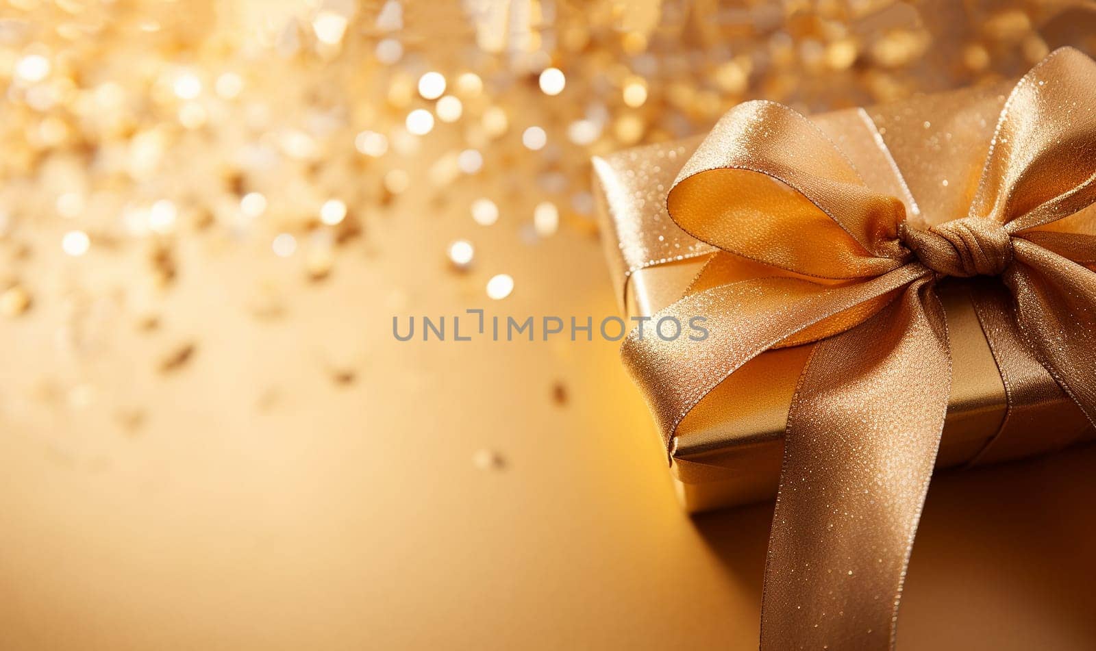 Golden sparkling gitbox with beautiful bow. Celebrating Christmas or New Years other holiday concept. Flat lay, top view copy space bokeh sparkling festive background by Annebel146