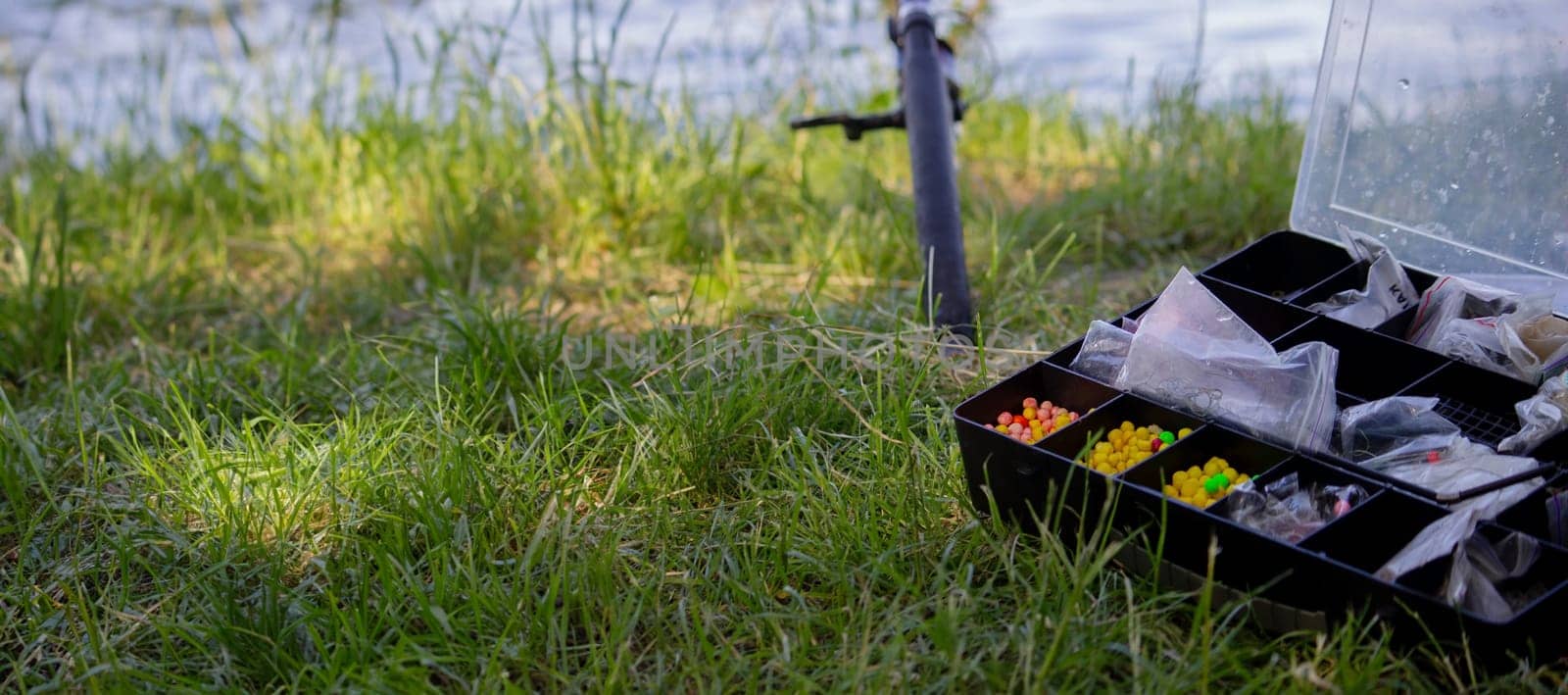 fishing tackle bait, fishing river. Selective focus nature