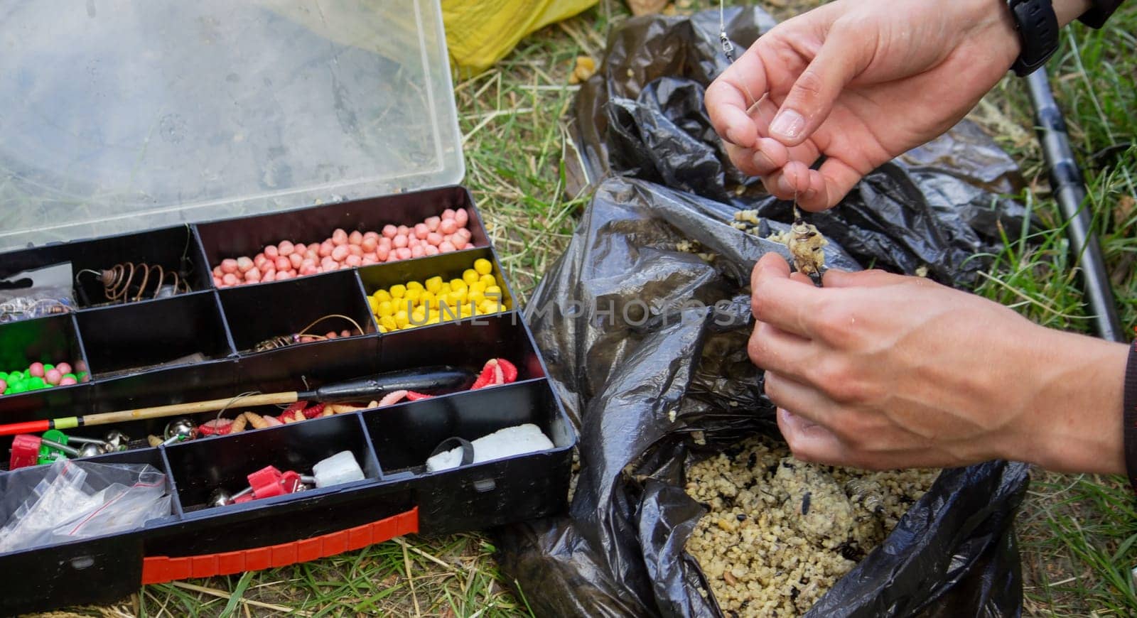 fishing tackle bait, fishing river. Selective focus nature