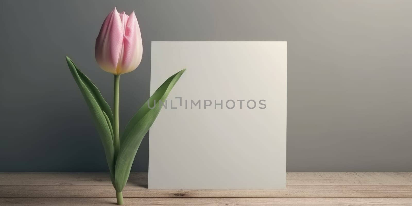 Mockup blank white paper with pink tulip, Copy space. Generative AI image weber.