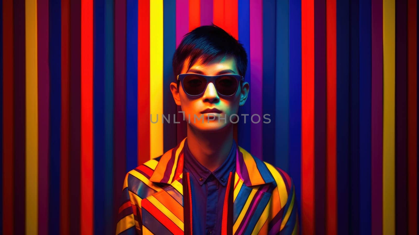 Young male model posing with trendy man fashion outfit and colorful optical art abstract background. Picturesque generative AI