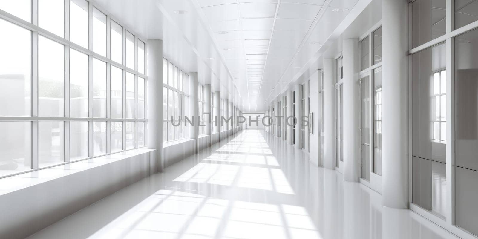 Hospital corridor with windows, in the style of bokeh, light gray, bauhaus, light white, skillful. Generative AI image weber.