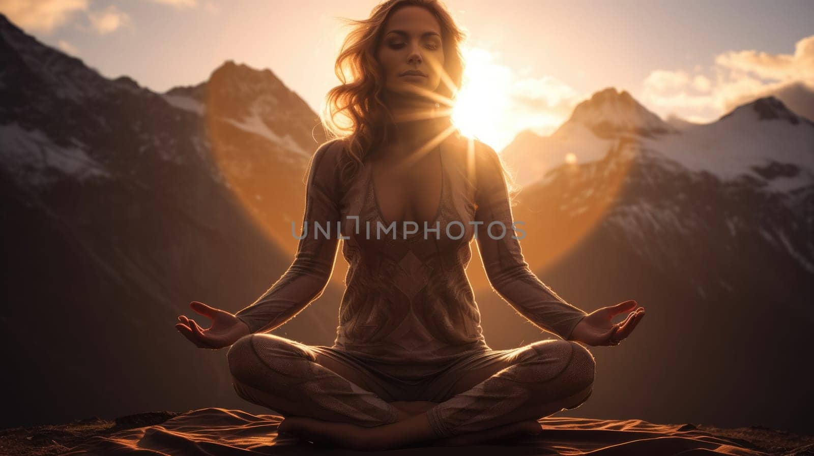 Woman in meditation Backlit Pose with calm and energy . Generative AI weber. by biancoblue