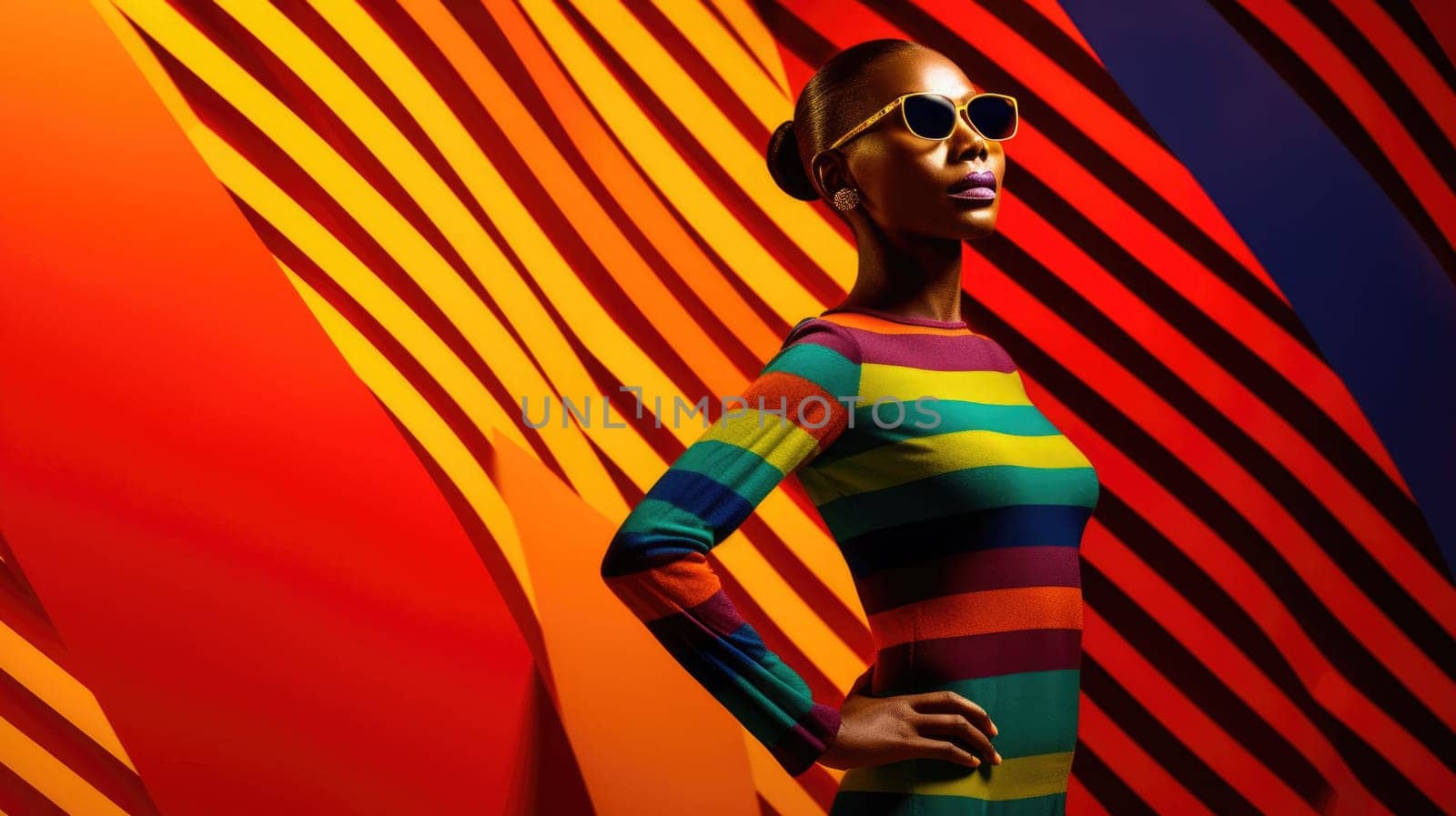 Young african female model posing with trendy fashion outfit and colorful vibrant orange optical art abstract background. Picturesque generative AI