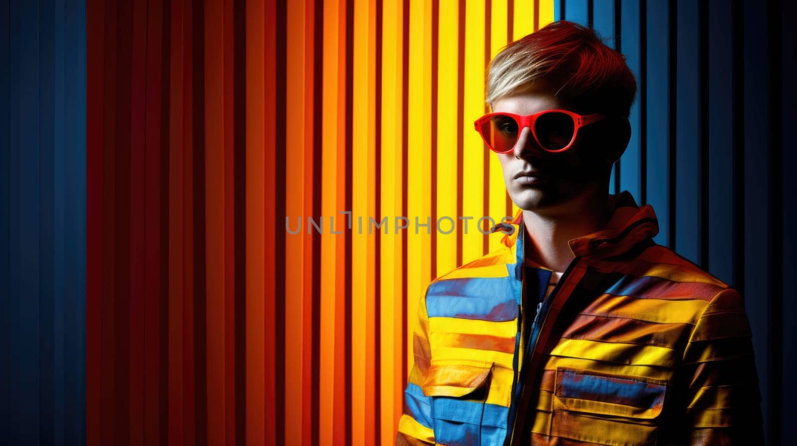 Young male model posing with trendy man fashion outfit and colorful optical art abstract background. Picturesque generative AI