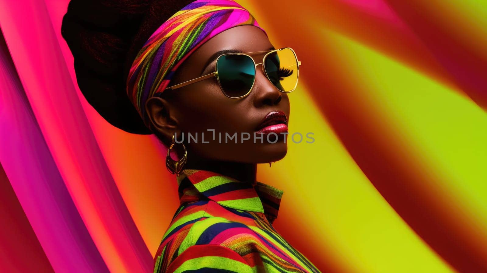 Young african female model posing with trendy fashion outfit and colorful glowing vibrant green and pink optical art abstract background. Picturesque generative AI