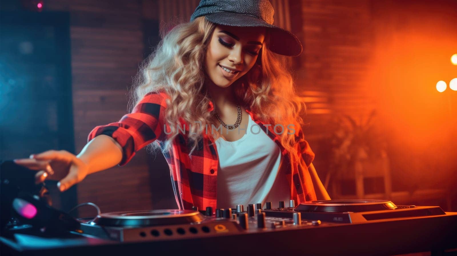 A happy DJ woman wearing a plaid shirt and hat is having fun playing music at a club party. Generative AI AIG30.