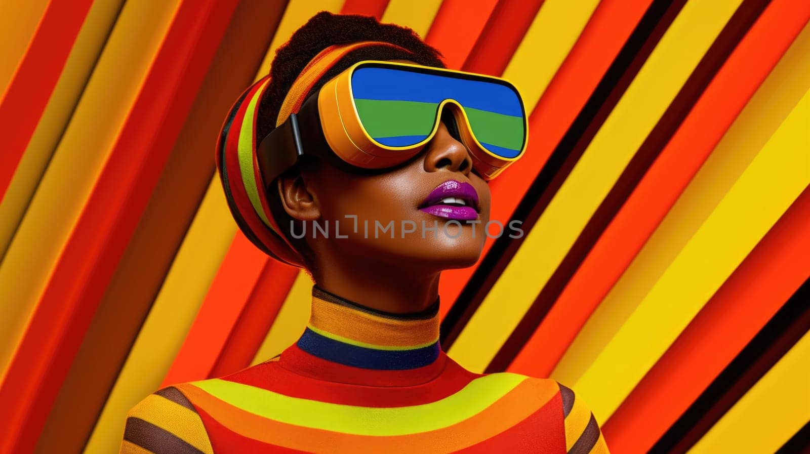 Young african female model wearing VR posing with trendy fashion outfit and colorful orange optical art abstract background. Picturesque generative AI