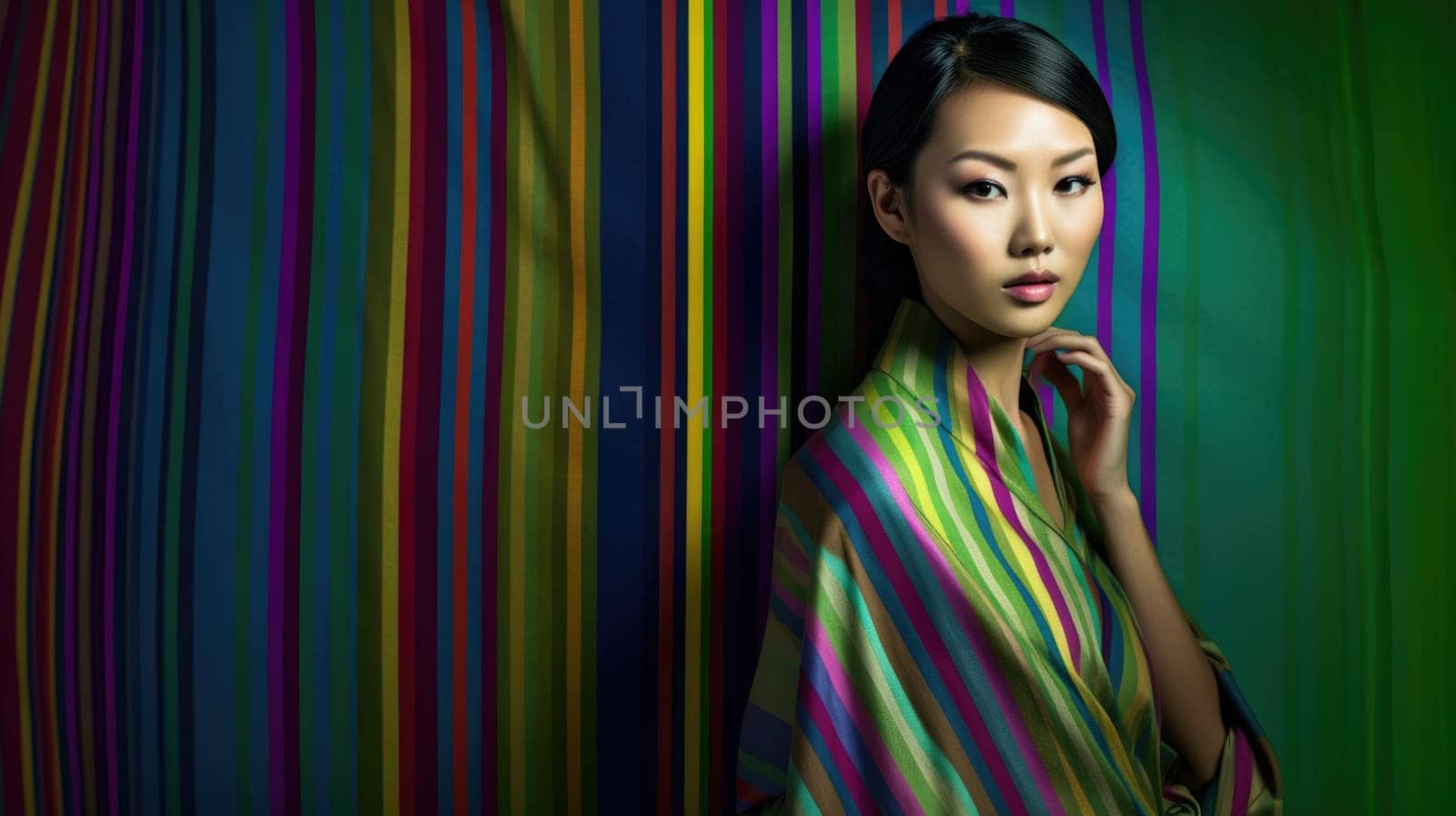 Young female model posing with trendy fashion outfit and colorful green optical art abstract background. Picturesque generative AI