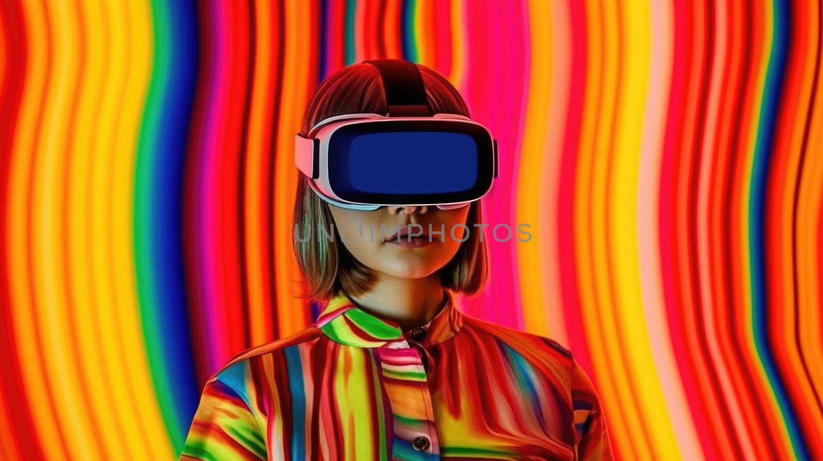 Young female model wearing VR posing with trendy fashion outfit and colorful orange optical art abstract background. Picturesque generative AI