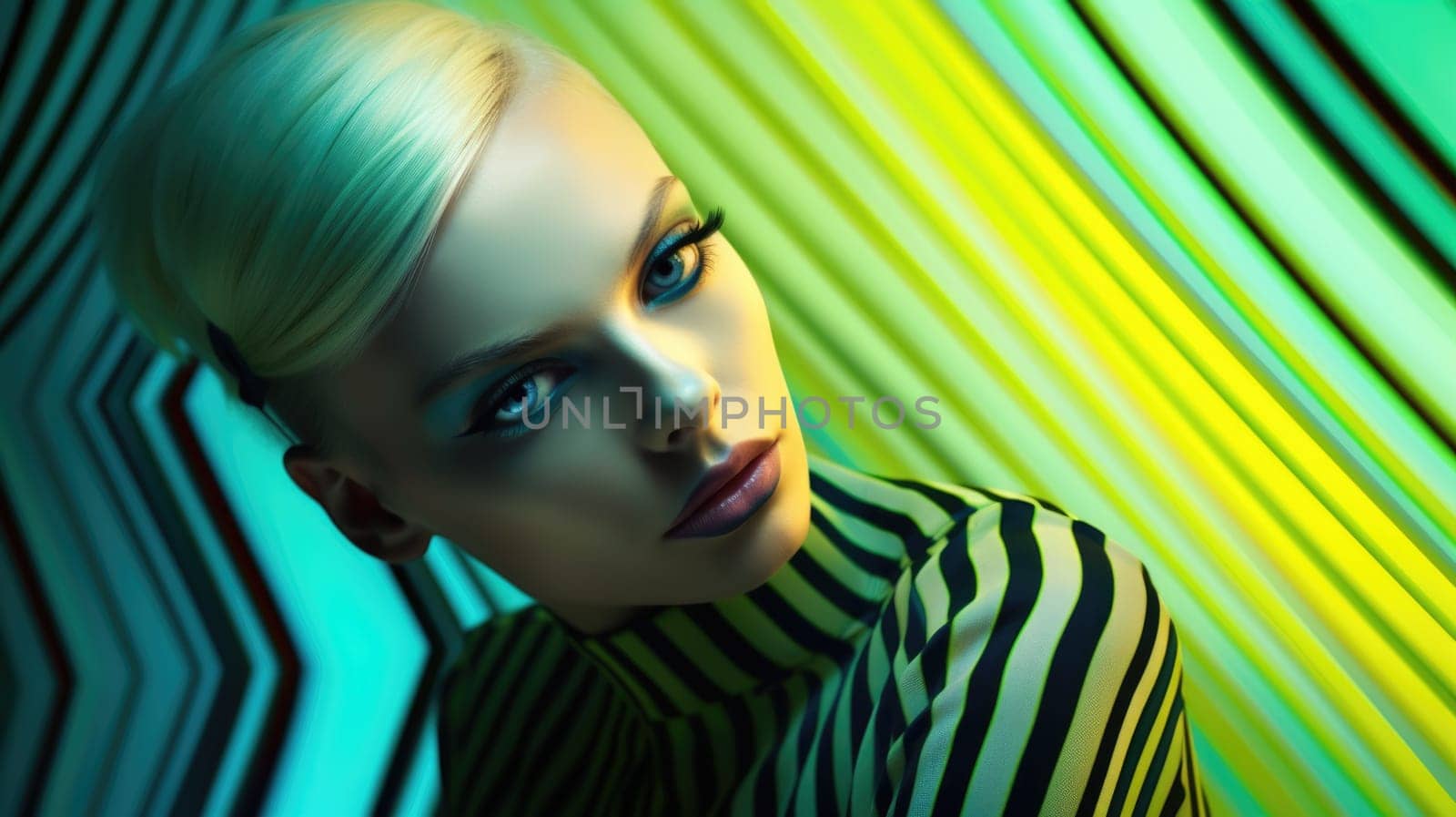Young female model posing with trendy fashion outfit and colorful green optical art abstract background. Picturesque generative AI
