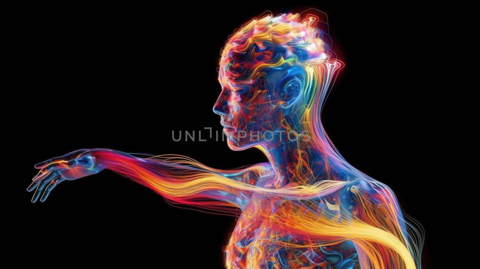 A humanoid robot with color swirling brain motion trails, concept of art, psychology, creativity, imagination, dreams. Generative AI image weber.