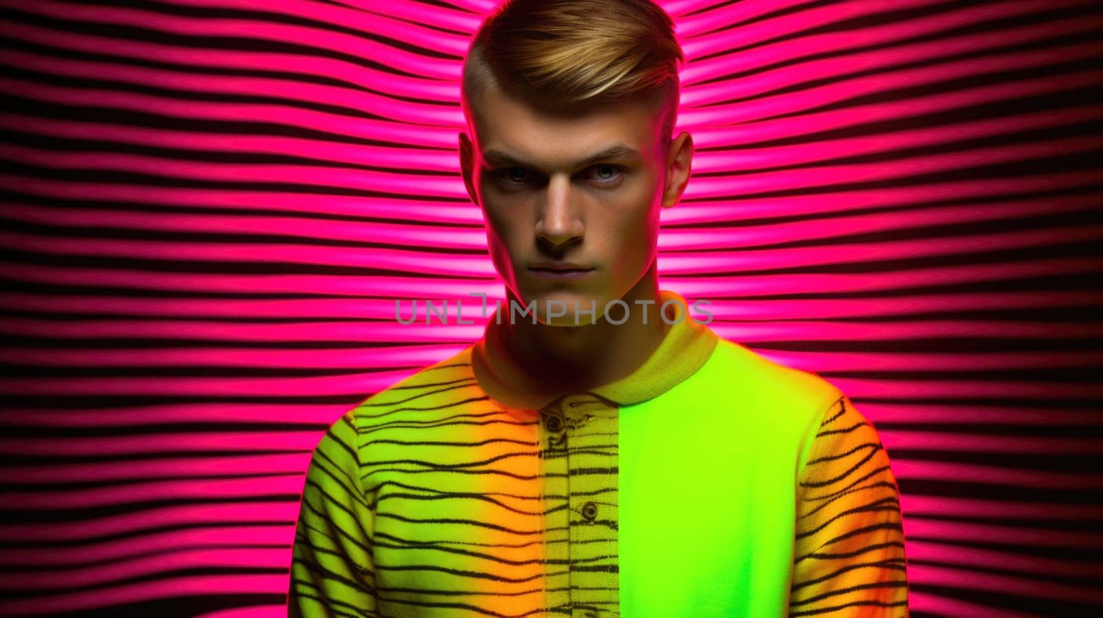 Young male model posing with trendy man fashion outfit and colorful vibrant glowing green and pink optical art abstract background. Picturesque generative AI
