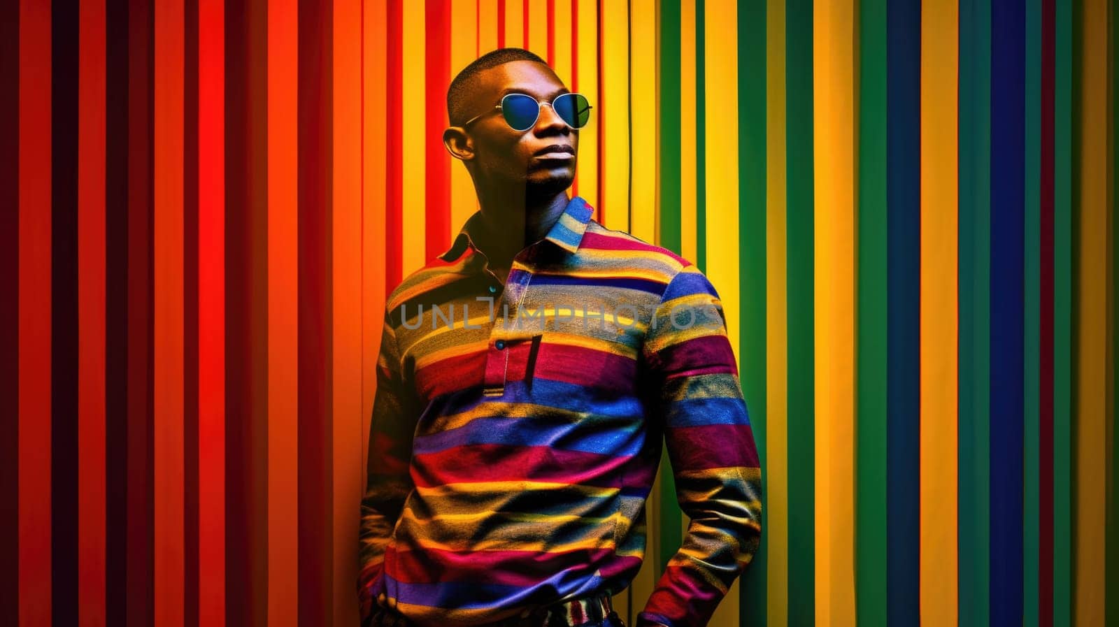 Young male model posing with trendy man fashion outfit and colorful orange optical art abstract background. Picturesque generative AI