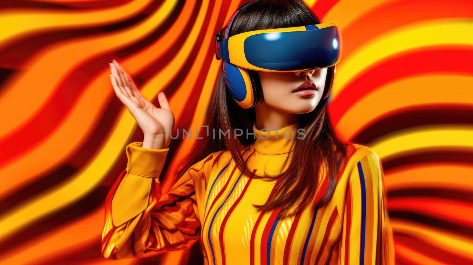 Young female model wearing VR posing with trendy fashion outfit and colorful orange optical art abstract background. Picturesque generative AI