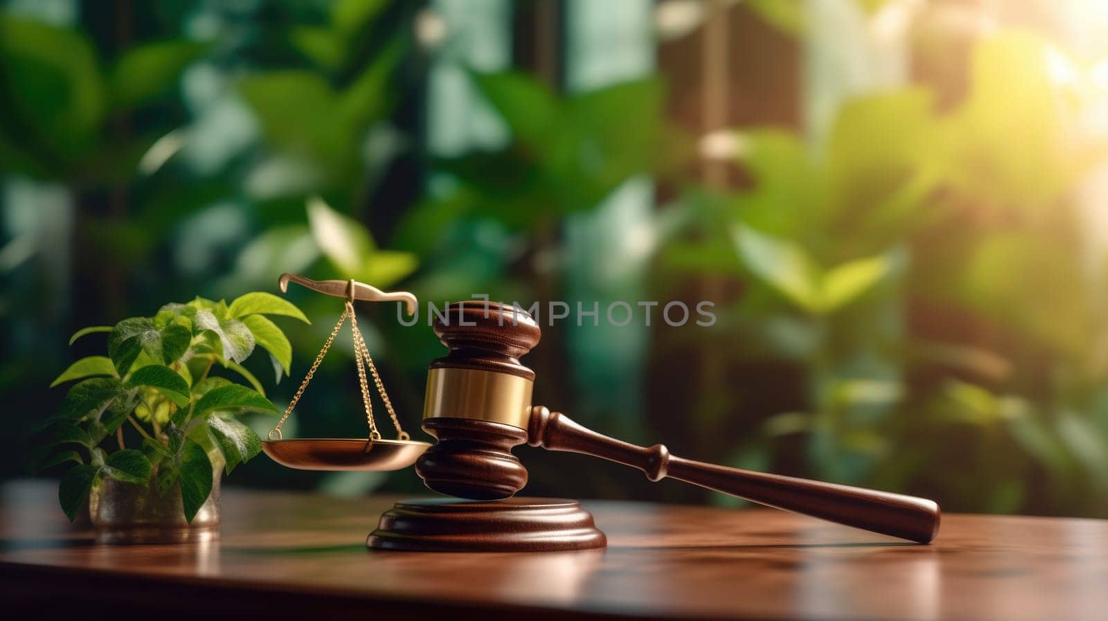 A gavel on a table top with green environment in blur background. beautiful Generative AI AIG32